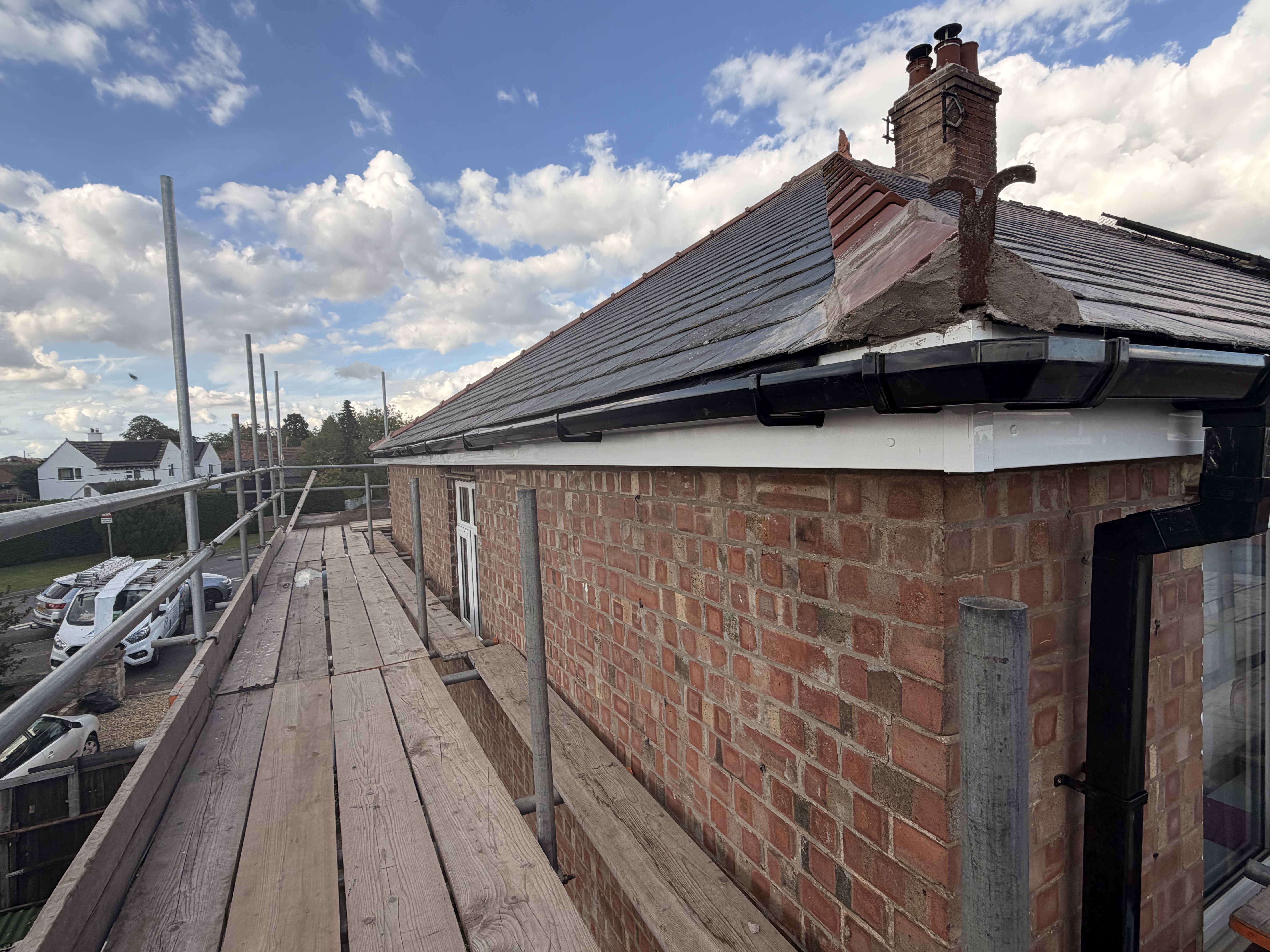 Completed slate roof viewed from the scaffold