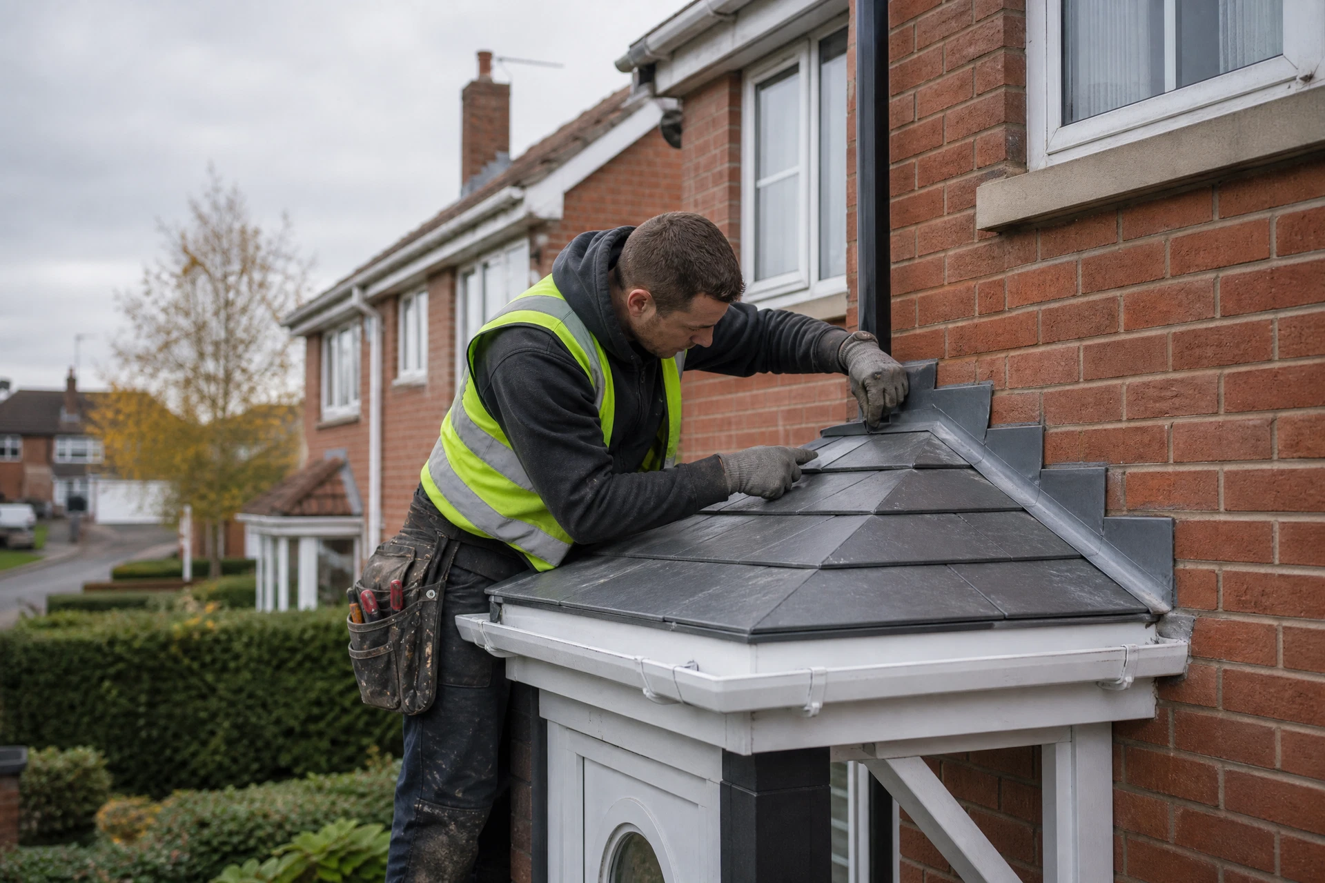 Representative view of exterior maintenance around a small porch roof