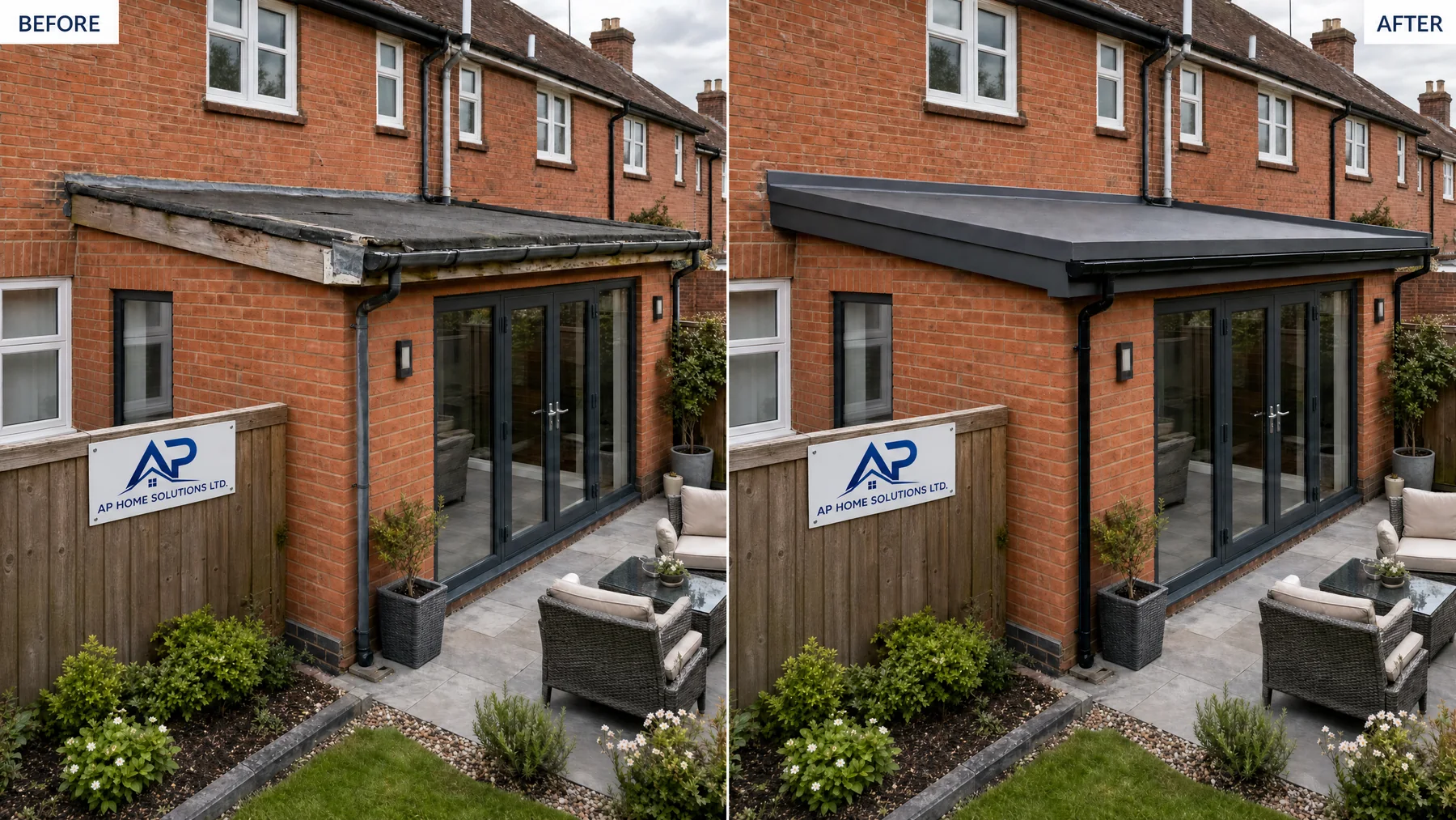 Before-and-after comparison of a flat roof on a brick extension
