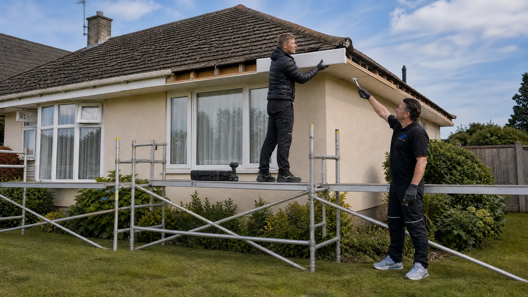 Two workers positioning a white board along the roof edge of a house