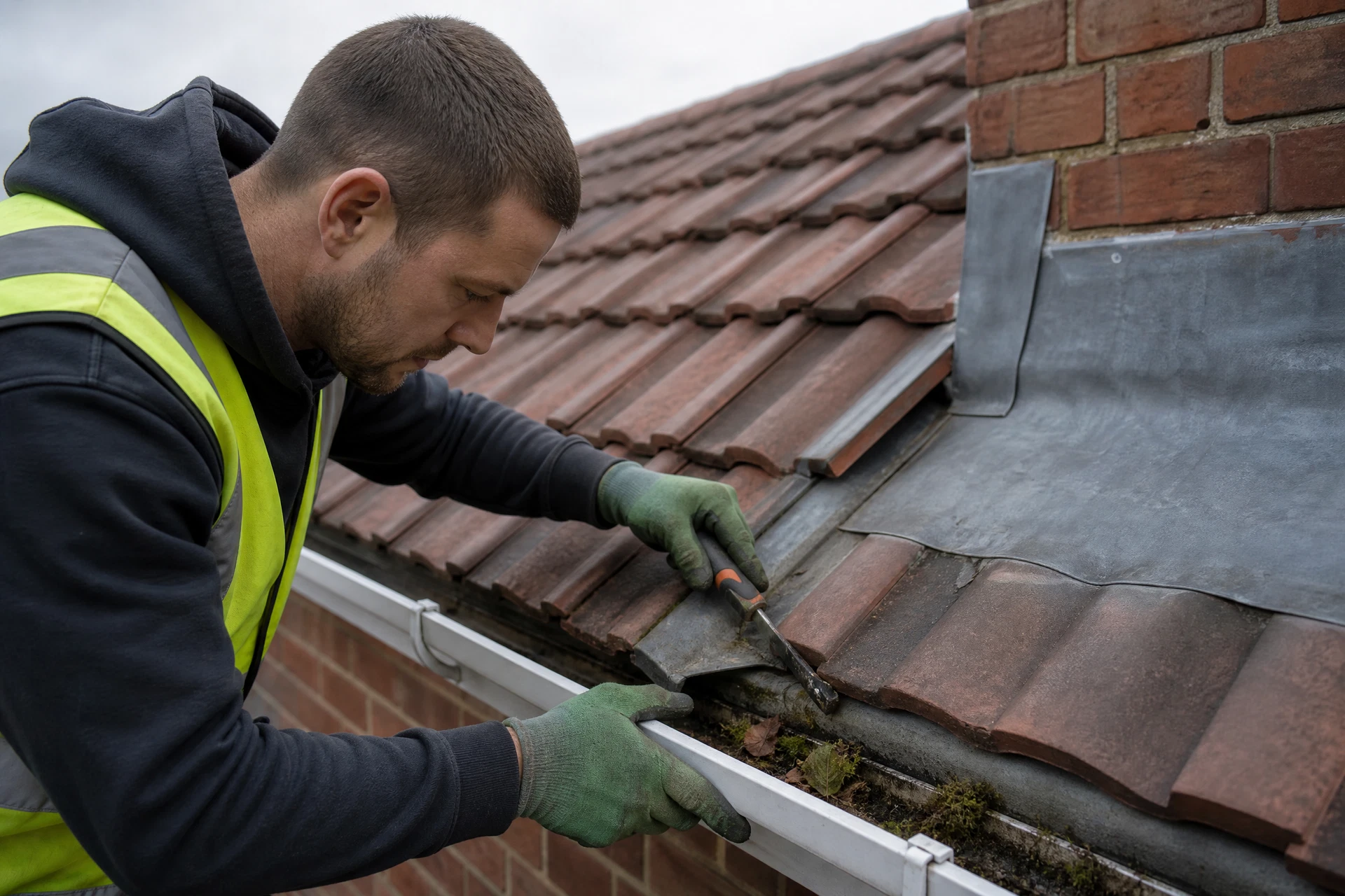 Representative close view of gutter and roof-edge maintenance