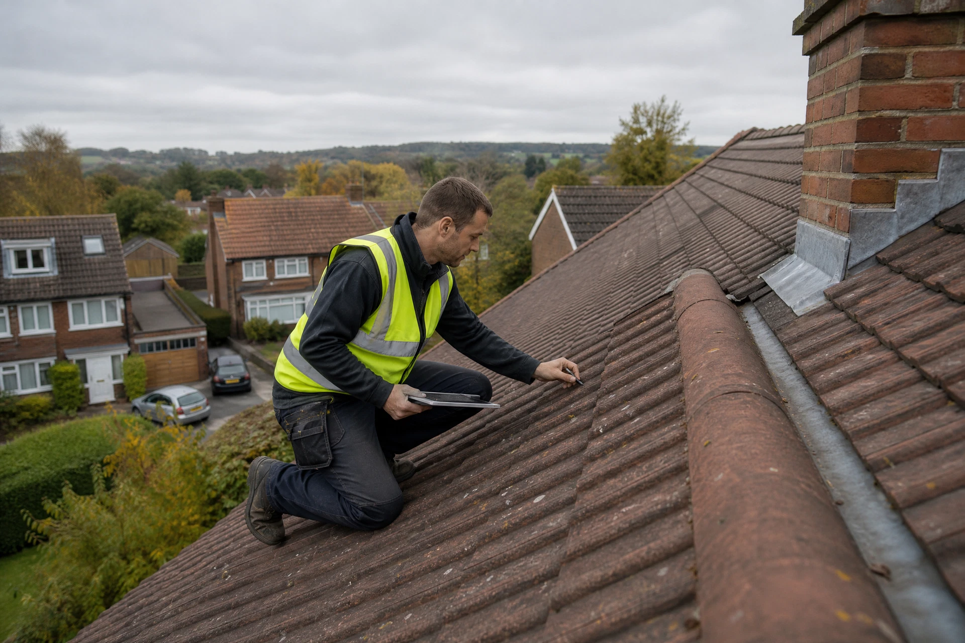Representative view of a roofer inspecting a residential tiled roof