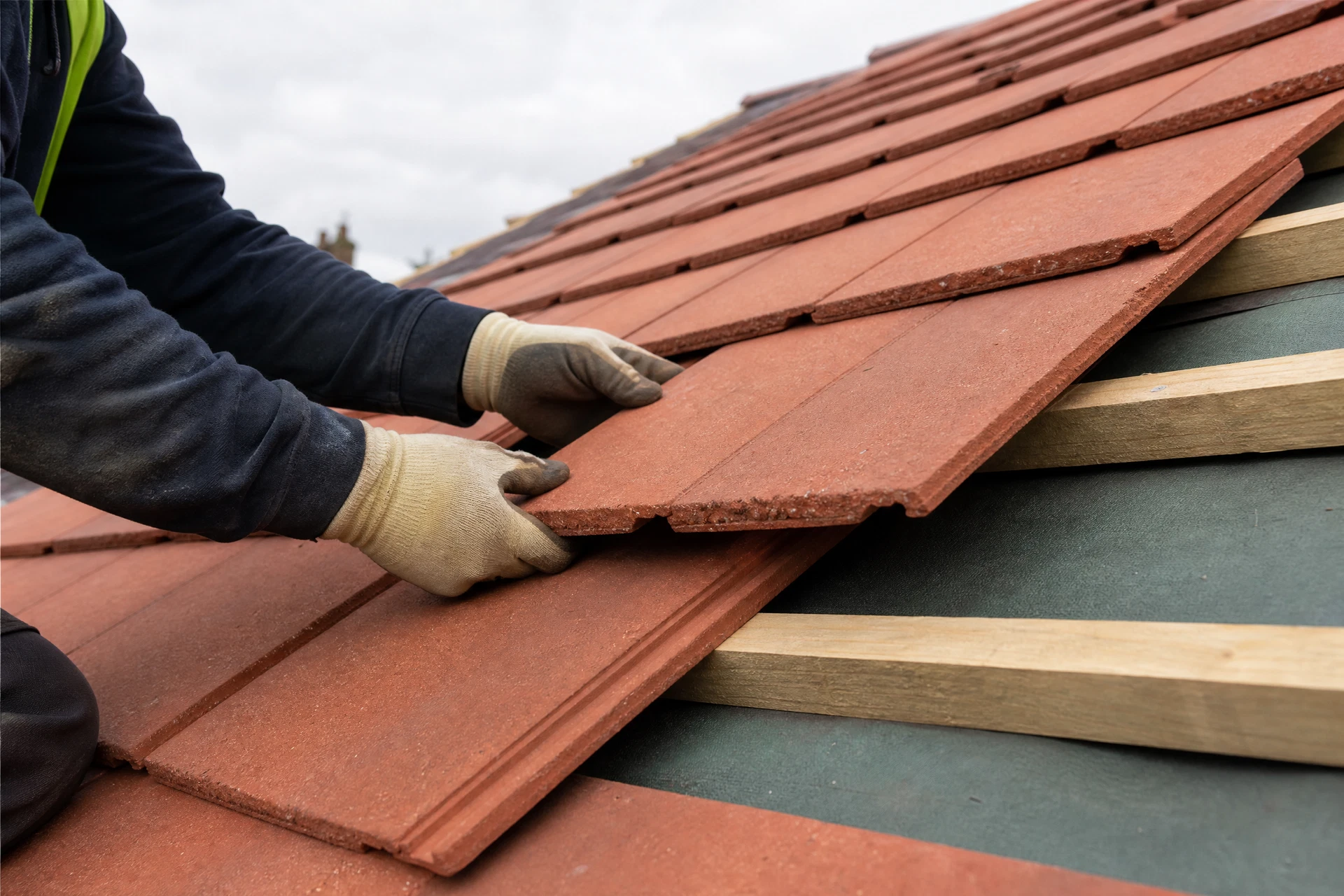 Representative close view of roof membrane, battens and tile installation