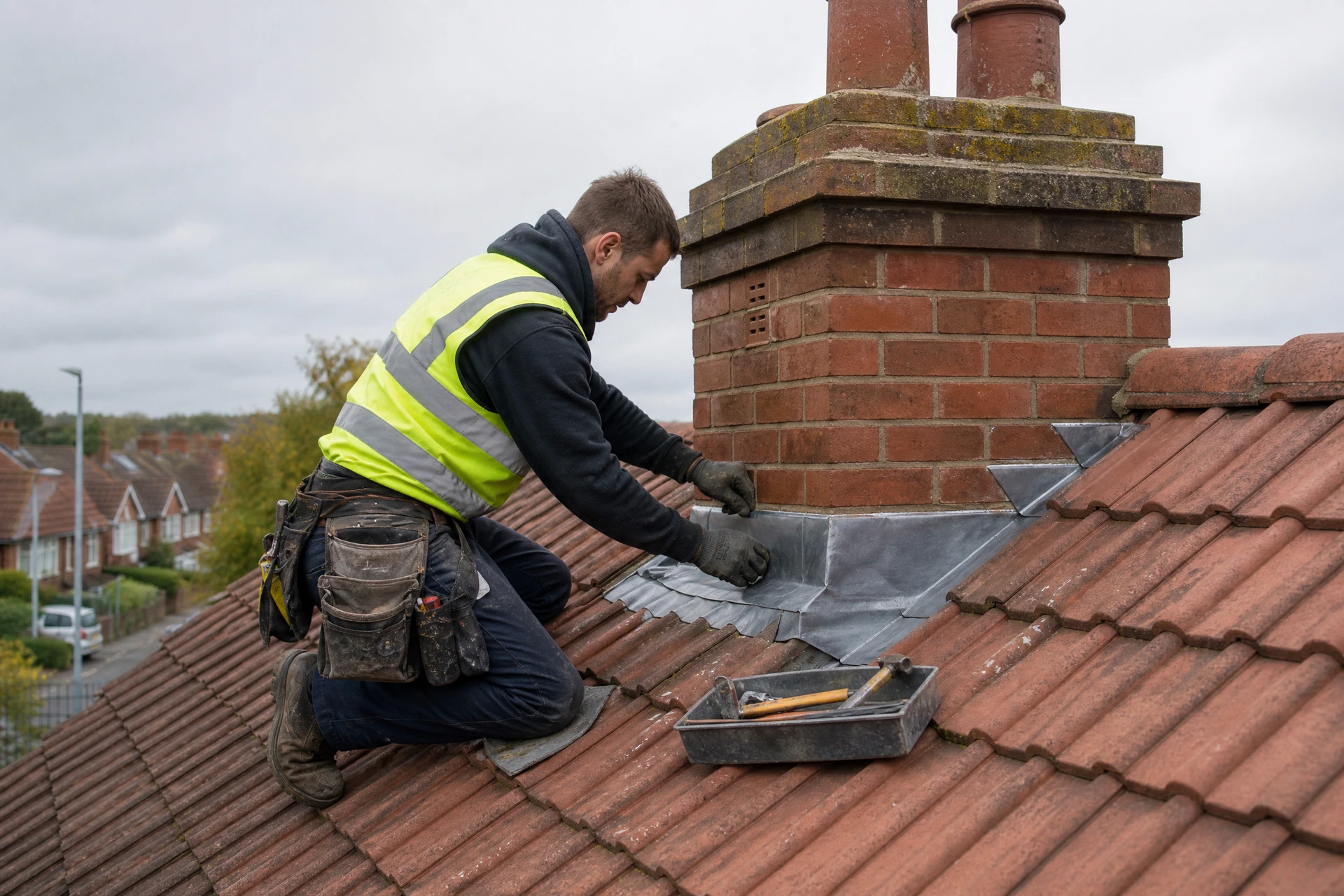 Representative view of a roofer working on lead flashing around a brick chimney