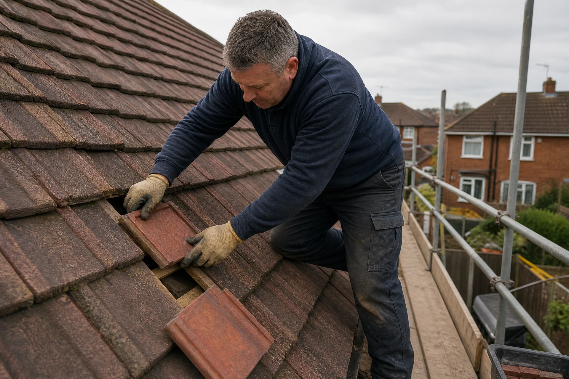 Representative view of careful replacement of damaged roof tiles