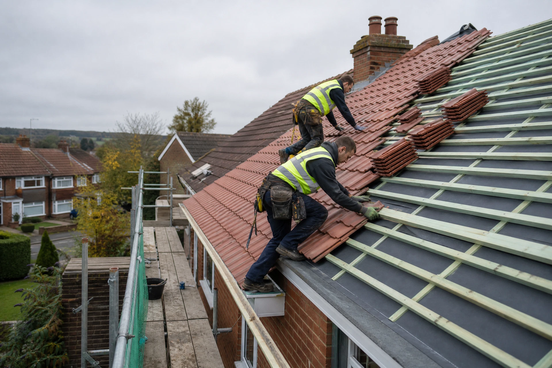 Representative view of roofers installing tiles on a Nottingham-style brick home